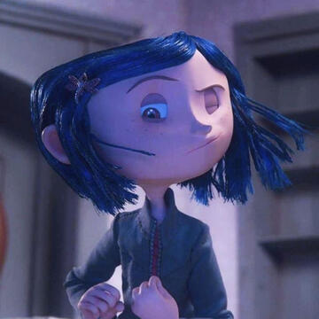 Coraline Jones from the 2009 movie Coraline. She has short blue hair and a round face. She is wearing a denim jacket and a dragonfly hairpin. One of her eyes is closed and her hair is blowing from the wind coming from the portal to the other world.